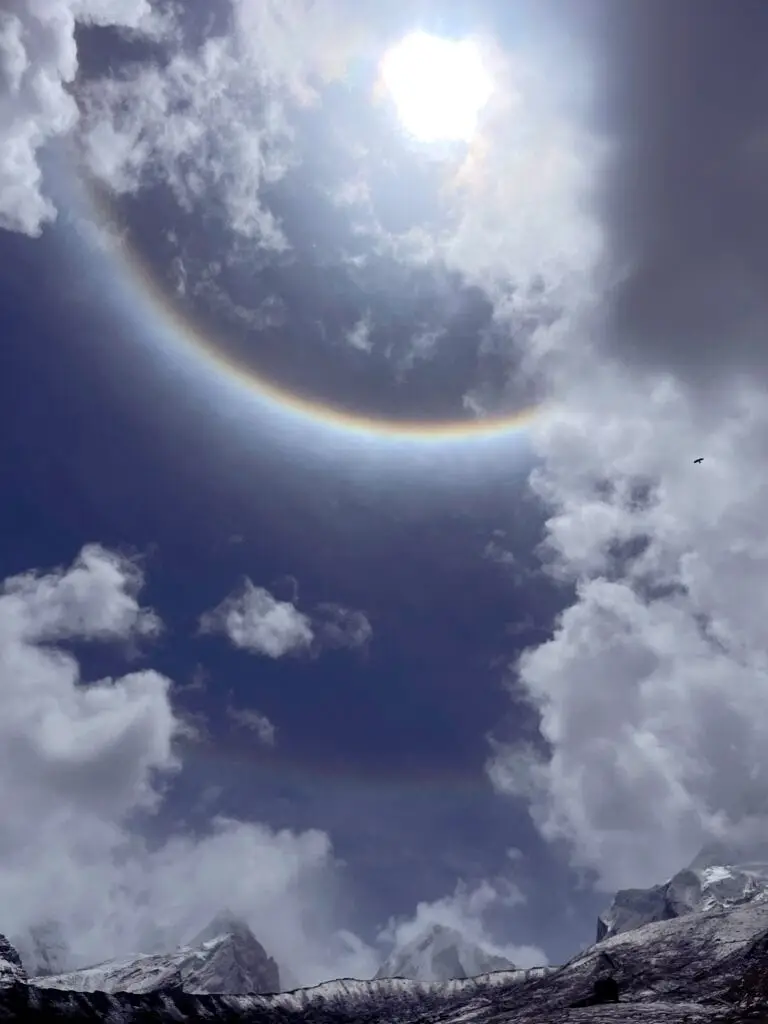 Sun Halo, Clouds, and Mountains on Nar-Phu Trek